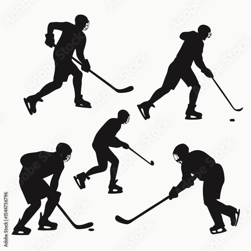 Ice Hockey Player Silhouette Vector Set in Action Poses