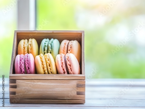 colorful french macarons in rustic wooden box. 