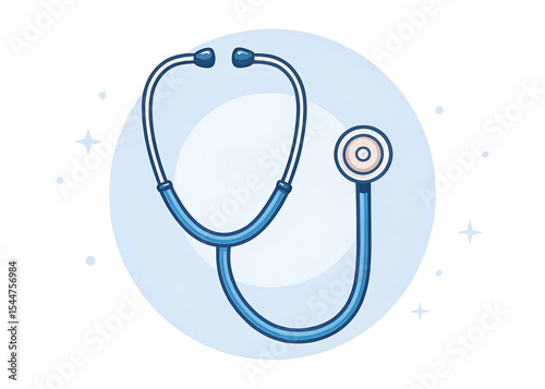 Illustration of a blue stethoscope on a light blue background with white sparkles
