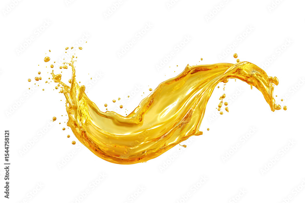 Fototapeta premium A dynamic splash of golden liquid with droplets against a transparent background