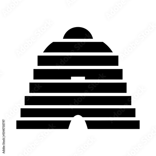 Black and white illustration of a beehive with a domed top and layered construction.