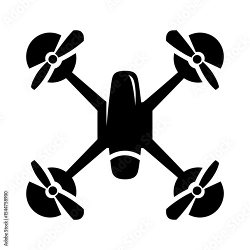 Quadcopter drone, top-down view, black silhouette, four propellers.