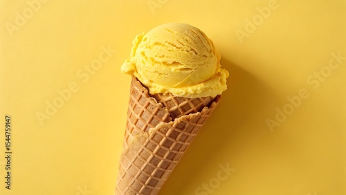 Single scoop of yellow ice cream in waffle cone on yellow background