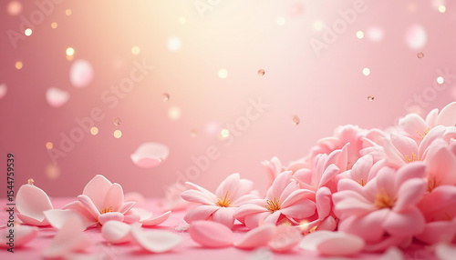 Delicate Pink Flowers and Petals with Bokeh Lights on Pink Background
