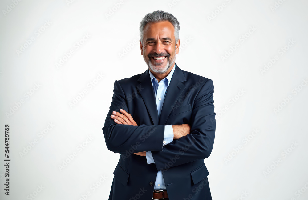 Smiling, confident Latin Hispanic mature businessman stands with arms crossed. Older senior pro CEO, leader looks at camera. White background. Corporate success, career, finance, banking, business. Smiling, confident Latin Hispanic mature businessman stands with arms crossed. Older senior pro CEO, leader looks at camera. White background. Corporate success, career, finance, banking, business.
