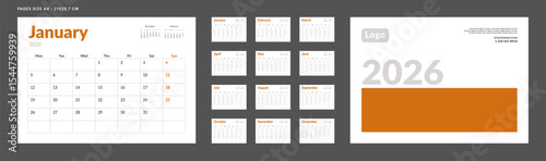 2026 Calendar Planner Set of Template Monthly Page and cover with Place for Photo, Company Logo. Vector layout of a wall or desk calendar with week start Monday for print. Page for size A4 -21x29.7cm