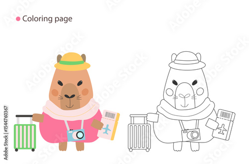 Travel-themed summer cartoon capybara coloring sheet with happy animal carrying suitcase and passport – includes small color reference for creative kids' fun.
