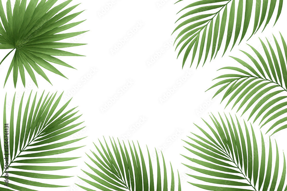 Fototapeta premium Verdant palm fronds framing transparent background, creating lush tropical border with vibrant green color palette