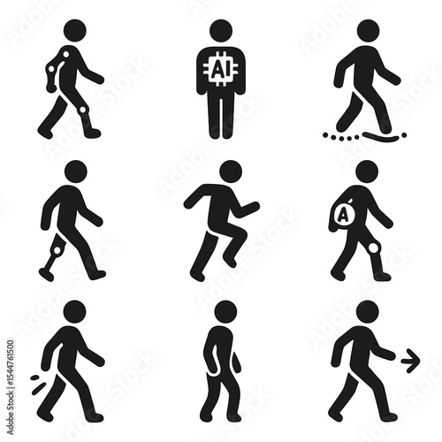 Adaptive Movement Icons. Solid, filled icons set of adaptive human movement: biomechanical walk, AI posture,