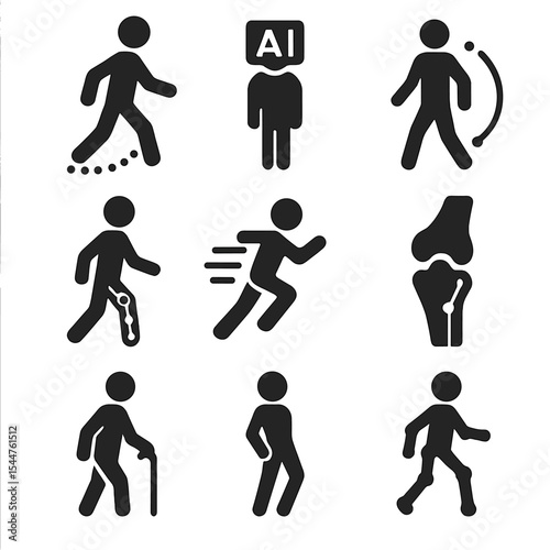 Adaptive Movement Icons. Solid, filled icons set of adaptive human movement: biomechanical walk, AI posture,