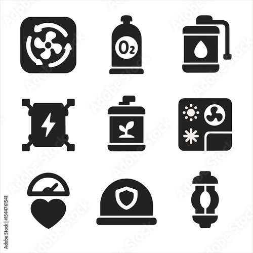 Advanced Life Support Icons. Solid, filled icons set of advanced life support systems: air recycler, oxygen