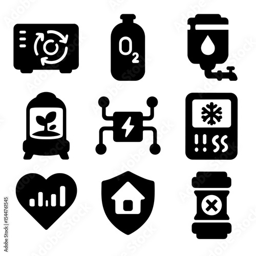 Advanced Life Support Icons. Solid, filled icons set of advanced life support systems: air recycler, oxygen