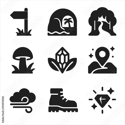 Adventure Icons Grid. Solid, filled icons set of adventure and exploration: trail marker, hidden cove, secret