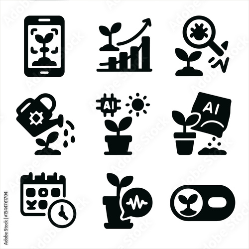 AI Gardening Toolkit Icons. Solid, filled icons set of AI-enhanced gardening tools: AI plant identifier,