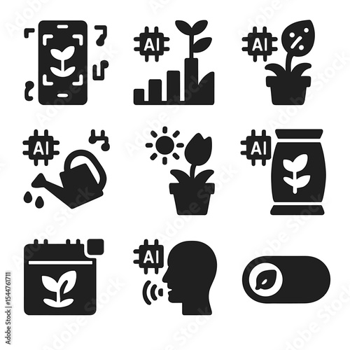 AI Gardening Toolkit Icons. Solid, filled icons set of AI-enhanced gardening tools: AI plant identifier,