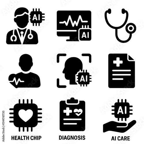 AI Healthcare Icons. Solid, filled icons set of AI in healthcare: AI doctor, health data, smart stethoscope,