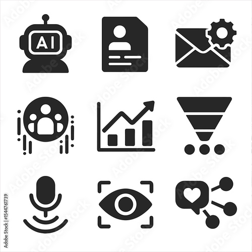 AI Marketing Icons. Solid, filled icons set of AI-powered marketing: digital assistant, customer profile,