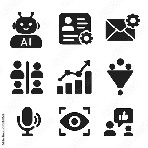 AI Marketing Icons. Solid, filled icons set of AI-powered marketing: digital assistant, customer profile,