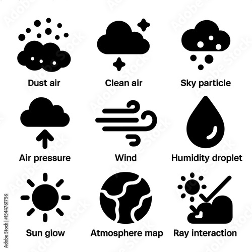 Air Elements Icons. Solid, filled icons set of air and particles in the sky: dust icon, clean air, sky