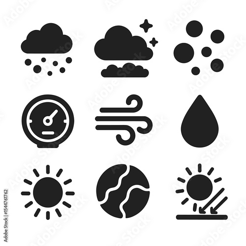 Air Elements Icons. Solid, filled icons set of air and particles in the sky: dust icon, clean air, sky