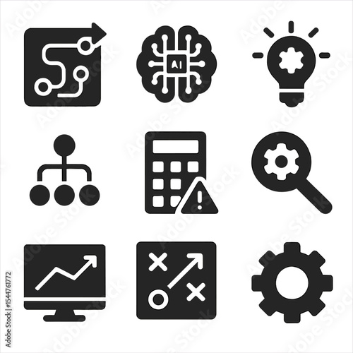 AI Strategy Icons. Solid, filled icons set of AI strategy and planning: AI roadmap, digital brain icon,