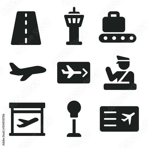 Airport Icon Set. Solid, filled icons set of airport and air transport: airstrip, control tower, baggage belt,