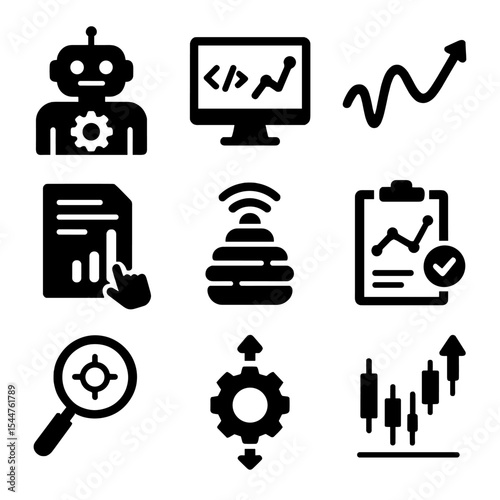 Algorithmic Trading Icons. Solid, filled icons set of algorithmic and automated trading: AI bot, code chart,