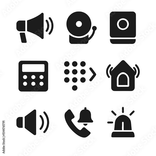 Alarm System Icons. Solid, filled icons set of alarm system essentials: siren speaker, loud alarm, panic button, control panel, keypad code, home siren, safety beep, emergency call, alarm light.