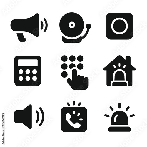 Alarm System Icons. Solid, filled icons set of alarm system essentials: siren speaker, loud alarm, panic button, control panel, keypad code, home siren, safety beep, emergency call, alarm light.