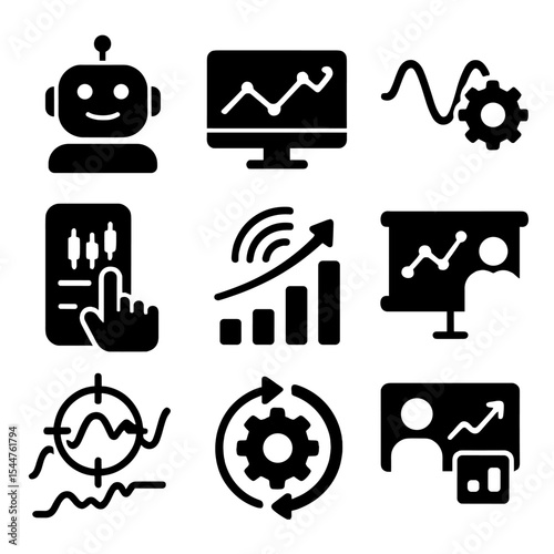 Algorithmic Trading Icons. Solid, filled icons set of algorithmic and automated trading: AI bot, code chart,