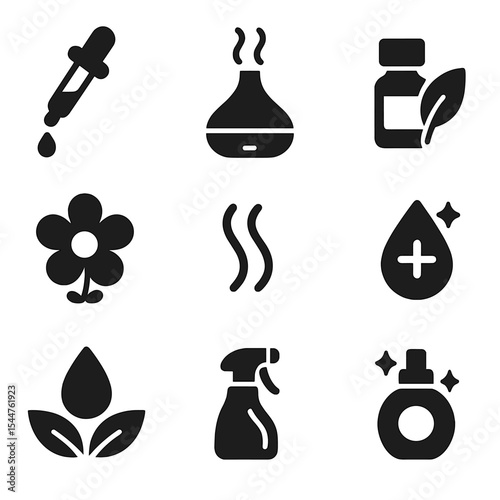 Aromatherapy Icon Set. Solid, filled icons set of essential oils and aromatherapy: oil dropper, scent diffuser