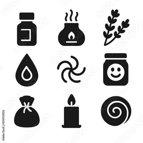 Aromatherapy Icons Grid. Solid, filled icons set of aromatherapy practices: essential oil bottle, diffuser