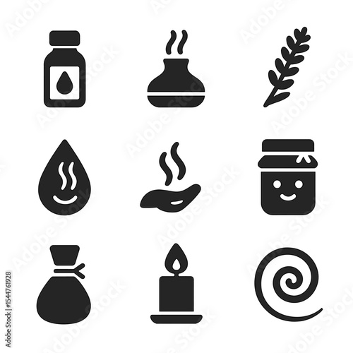 Aromatherapy Icons Grid. Solid, filled icons set of aromatherapy practices: essential oil bottle, diffuser