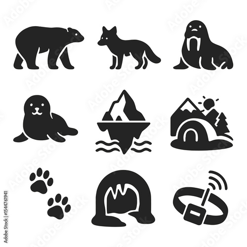 Arctic Wildlife Icons. Solid, filled icons set of arctic wildlife: polar bear, arctic fox, walrus, iceberg,