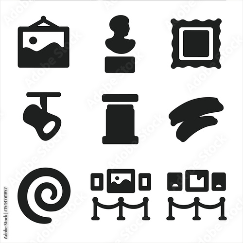 Art Gallery Icons. Solid, filled icons set of local art gallery highlights: painting icon, sculpture icon,