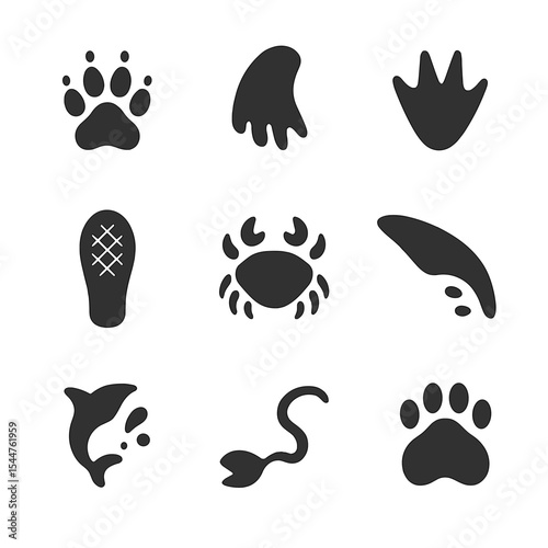 Aquatic Animal Imprint Icons. Solid, filled icons set of aquatic animal imprints: otter paw, seal fin mark,