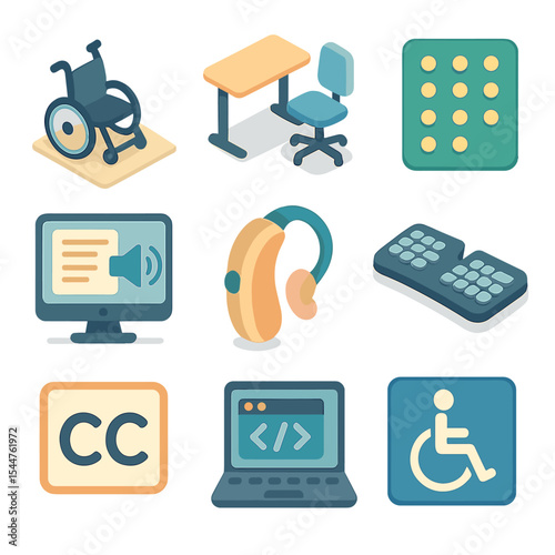 Accessibility Icon Set. Isometric Flat icon set of accessibility accommodations: wheelchair ramp, adjustable desk, braille signage
