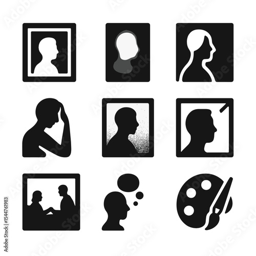 Art Icon Grid. Solid, filled icons set of fine art portrait photography: gallery frame, artistic blur,