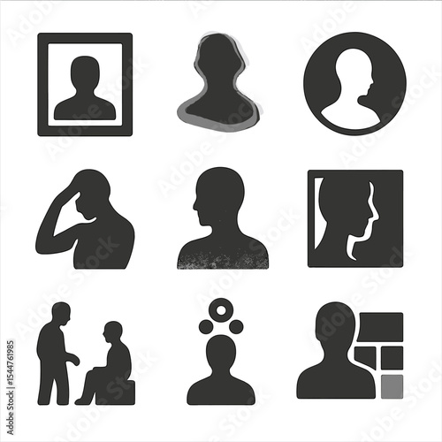 Art Icon Grid. Solid, filled icons set of fine art portrait photography: gallery frame, artistic blur,