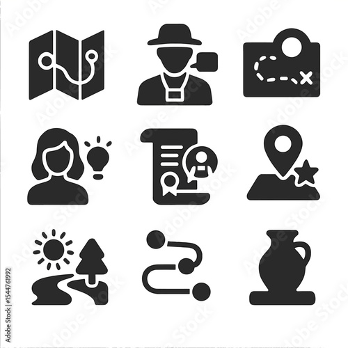 Artisan Tour Icons. Solid, filled icons set of guided artisan tours and trails: map icon, tour guide, marked