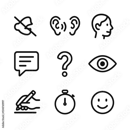 Active Listening Icons. Outline icon set of active listening techniques: open mouth off, ears listening, nodding head, paraphrase