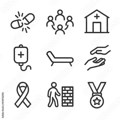 Addiction Recovery Icons. Outline icon set of addiction and recovery: broken pill chain, support group circle, rehab center