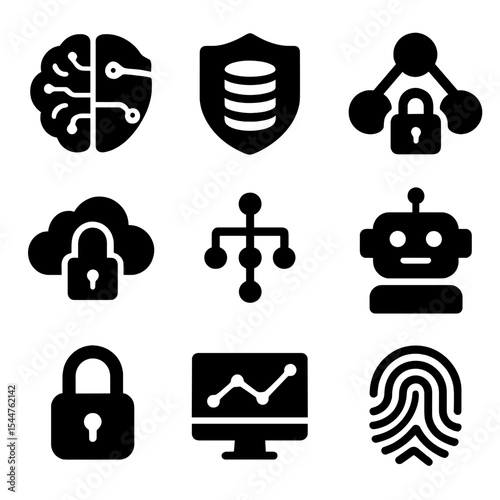 Automated Security Icons. Solid, filled icons set of automated security solutions: AI brain, data shield,