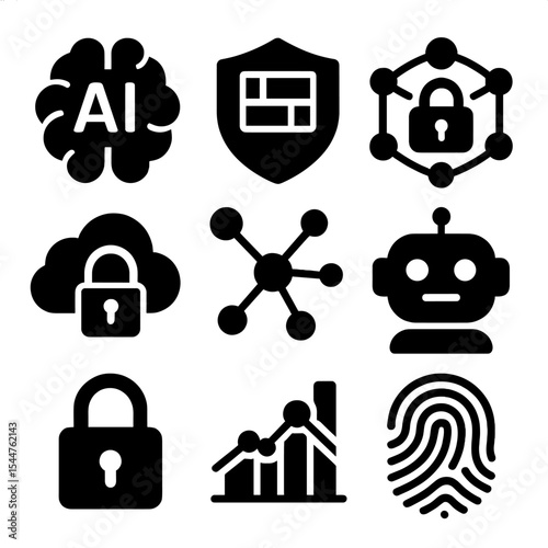 Automated Security Icons. Solid, filled icons set of automated security solutions: AI brain, data shield,
