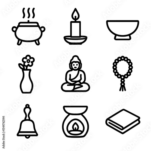 Altar Icon Set. Outline icon set of altar items: incense burner, candle holder, offering bowl, Buddha statue, flower vase, prayer