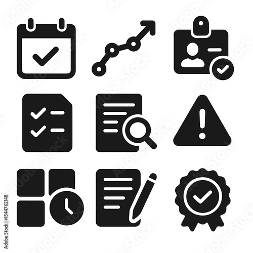 Audit Icons Grid. Solid, filled icons set of audit planning and execution: calendar audit, audit trail,