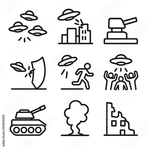 Alien Invasion Icons. Outline icon set of alien invasion scenarios: swarm of fighters, city skyline under attack, defensive turret