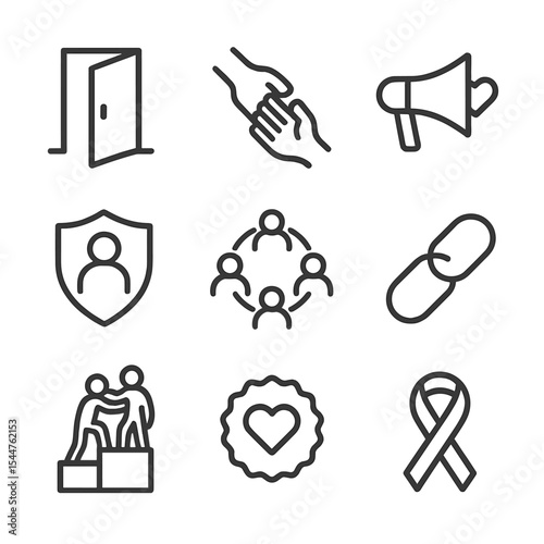 Allyship Icon Set. Outline icon set of allyship actions: open door, helping hand, megaphone support, shield protector, group
