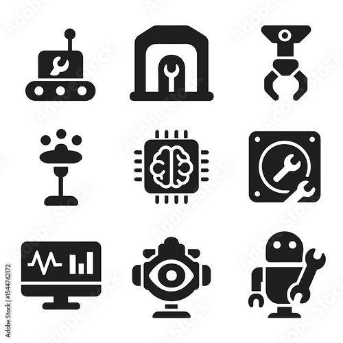 Autonomous Repair Icons. Solid, filled icons set of autonomous repair systems: crawler robot, repair bay,