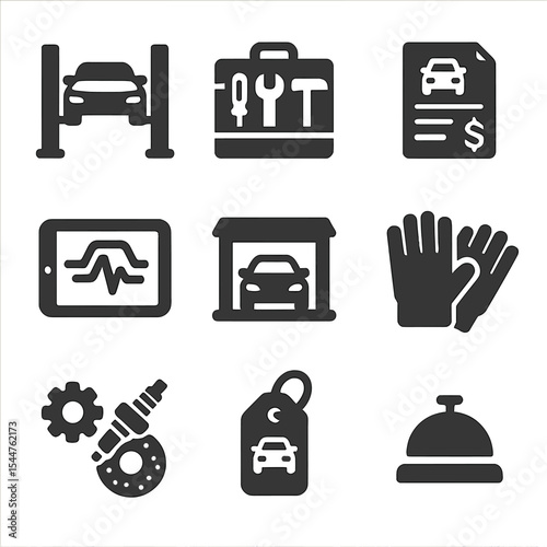 Automotive Repair Icons. Solid, filled icons set of automotive repair shop items: lift platform, toolset,